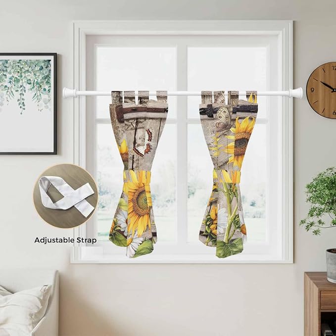 Farmhouse Sunflowers Kitchen Curtains 45 Inch Length, Short Cafe Window