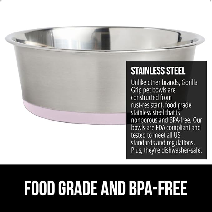 GORILLA GRIP Dog Bowls, Holds 1 Cup Each (8 fl oz), Heavy Duty Stainless Steel Food and Water Bowl for Feeding Dogs and Cats, Dishwasher Safe, Rust Resistant Metal, BPA Free Rubber Base, Set of 2 Pink