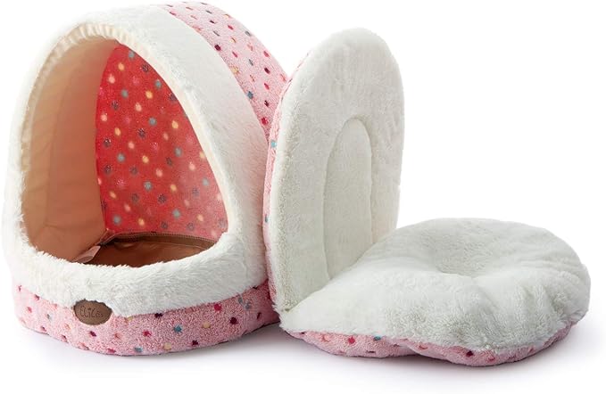 Tofern Dog Beds for Small Dog Cats Colorful Dots Pattern Striped Cute Fleece Warm Washable Igloo Pet Bed with Removable Cover