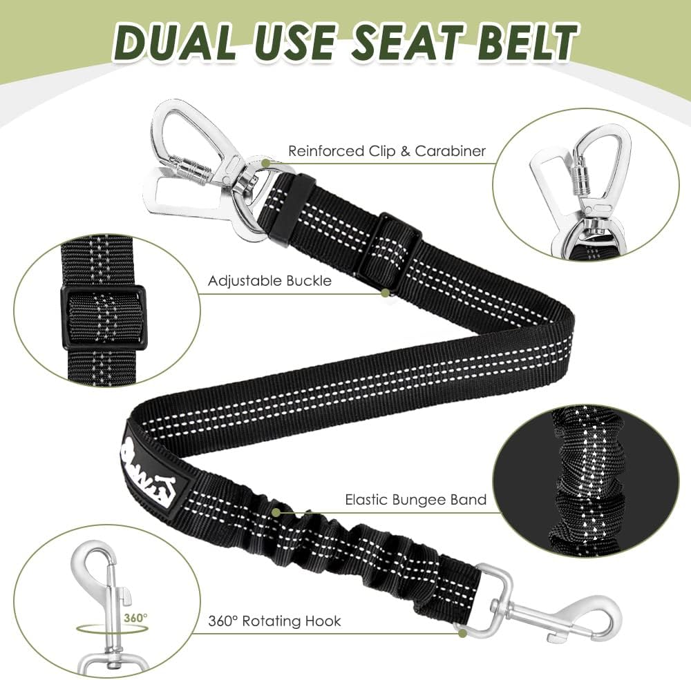 SlowTon Dog Seat Belt Harness for Car, Dog Car Harness Adjustable Mesh Breathable & Dog Seatbelt Safety Tether with Elastic Bungee for Small Medium Large Pets(Red, Double Clip, L)