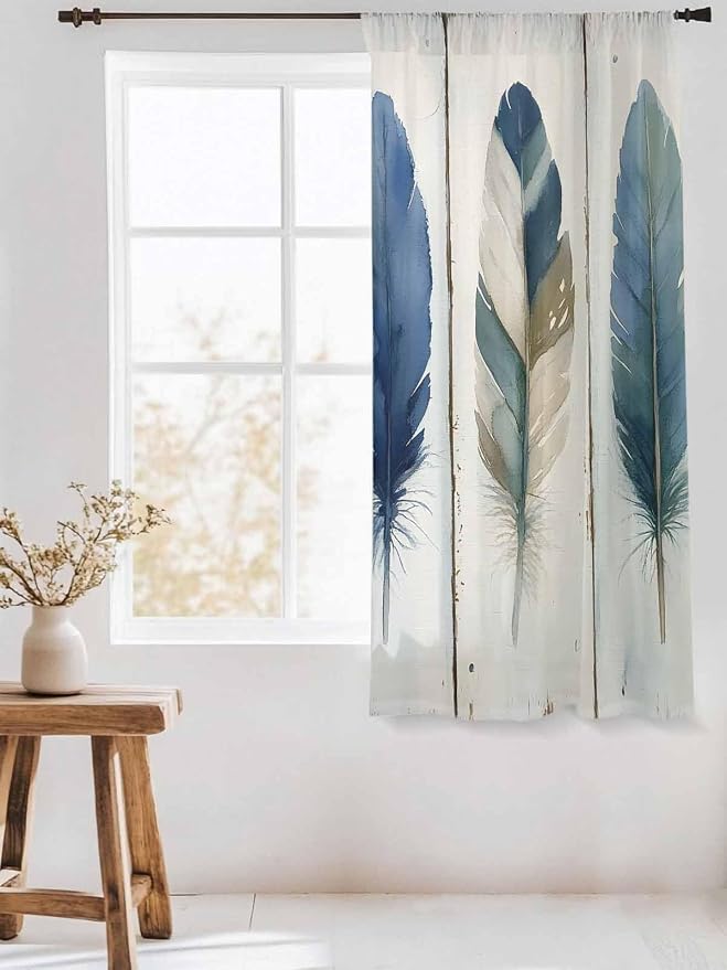 Sheer Curtains 63 Inch Length, Boho Blue Feathers Semi Sheer Curtains Light