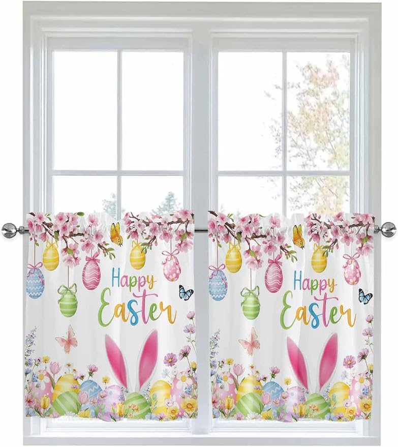Happy Easter Half Window Curtains 24 Inches Long, Spring Watercolor Bunny Eggs