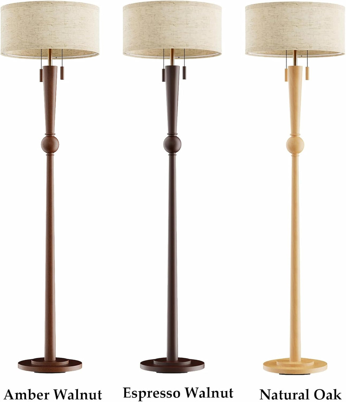 MOFFE Solid Wood Floor Lamp for Living Room with Wooden Pull Chains