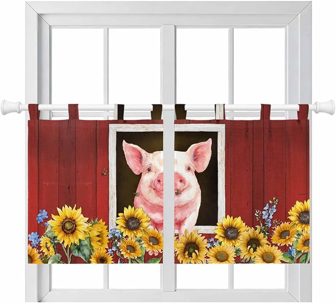 Pigs Sunflowers Kitchen Curtains 24 Inch Length, Small Window Curtains Tab Top