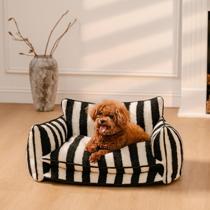 Lazy Holiday Plush Cozy Dog & Cat Sofa Bed, Teddy Velvet Dog Bed, Trendy Striped Faux Lambswool Double Layer Dog & Cat Sofa Bed Dogs Sleeping Mat for Medium Small Dogs & Cats (Pink,L)