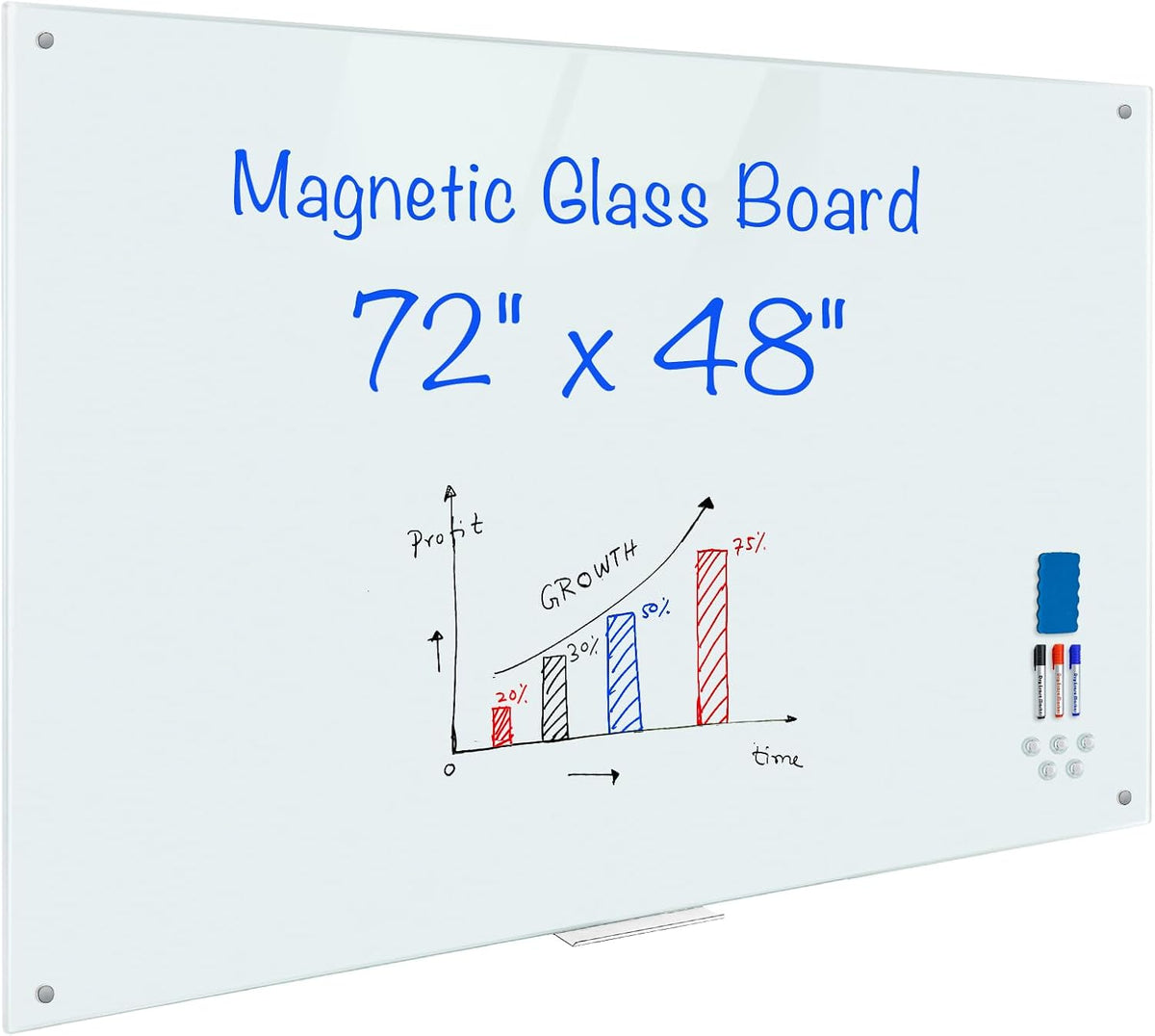 Maxtek Magnetic Glass Whiteboard 72 x 48 in, Frameless Glass Board for Wall