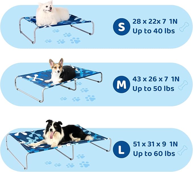 Elevated Dog Bed for Small Dogs 40lb,Breathable Cooling Raised Washable Dog Cot,Metal Frame, No-Slip Feet,Polyester Cotton,Indoor/Outdoor Pet Bed,28 * 22 * 7in, Clover Ocean Blue