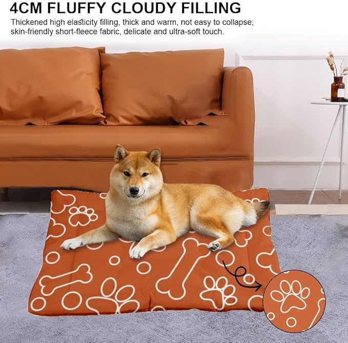 Orange Paw Print Bone Fuzzy Dog Bed Pet Bed Mats Pet Padssoft Dog Crate Beds for Small Dogs Crate Washable Non-Slip Doggie Beds Outdoor Mat Dogs Tapete para Perros Indoor Outdoor 24X18 Inch