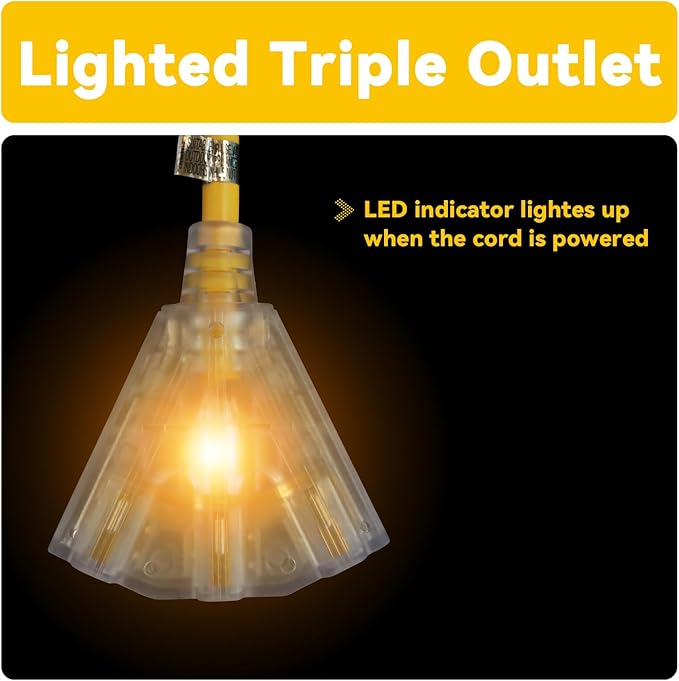 EP 30 Ft 12 Gauge Heavy Duty Extension Cord, 15A 125V 1875W, 3 Outlet Indoor/Outdoor Power Cord with Lighted End, 12/3 SJTW Weatherproof Yellow, UL Listed