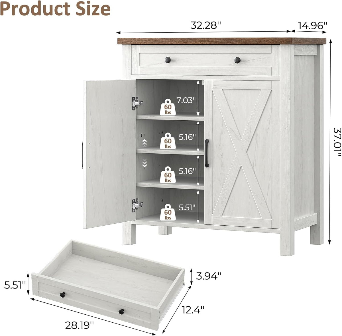Farmhouse Shoe Storage Cabinet, 5-Tier High Boots Organizer with Adjustable Shelves, Large Drawer & Barn Doors, Entryway Shoe Rack for Hallway Living Room, White