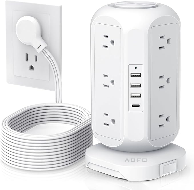 15 ft Long Extension Cord Power Strip Tower,AOFO Surge Protector 12 AC Outlets 4 USB(1 USB C) Ports, Charging Tower Overload Protection with Multiple Outlets for Home Dorm Office