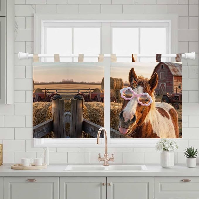 Farm Horses Kitchen Curtains 24 Inch Length, Small Window Curtains Tab Top