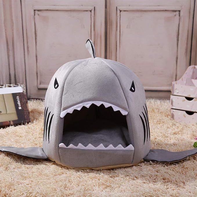 Shark Shaped Pet Dog Puppy Bed Warm Cat Bed House Nest for Autumn Winter Grey S