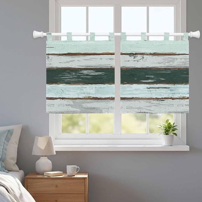 Blue Teal Kitchen Curtains 24 Inch Length, Small Window Curtains Tab Top