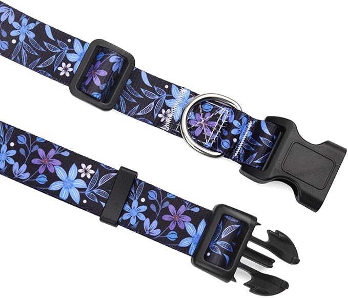 Dog Collar and Leash Set with Bohemia Floral Tribal Geometric Patterns - Soft Ethnic Style Collar Adjustable for Small Medium Large Dogs(Blue Floral Set,XS)