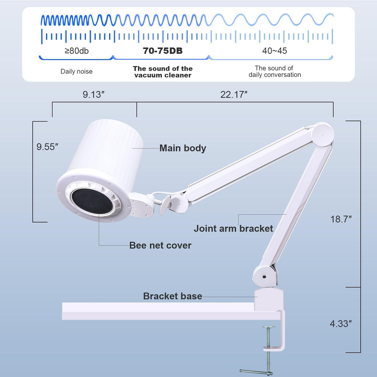 Professional Pedicure Nail Dust Collector, Overhead Nail Tech Manicure Vacuum Cleaner Extractor 80W wIth Desk Clamp Dimmable LED Desk Lamp for Nail Salon Acrylic Gel (3PCS Reusable Filters)