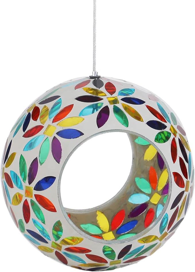 VOREEN Mosaic Glass Bird Feeder – 6" Handcrafted Hanging Fly-Through Feeder for Outdoor Garden Décor, Wild Bird Seed Feeder with Multicolor Flower Design – Gift for Mom Wife Friend Nature Lovers