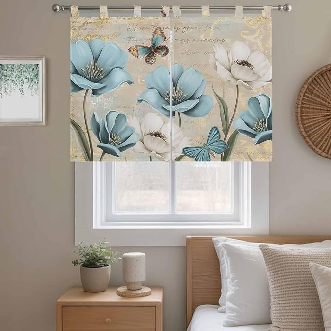 Spring Flowers Kitchen Curtains 45 Inch Length, Short Cafe Window Curtains Tab