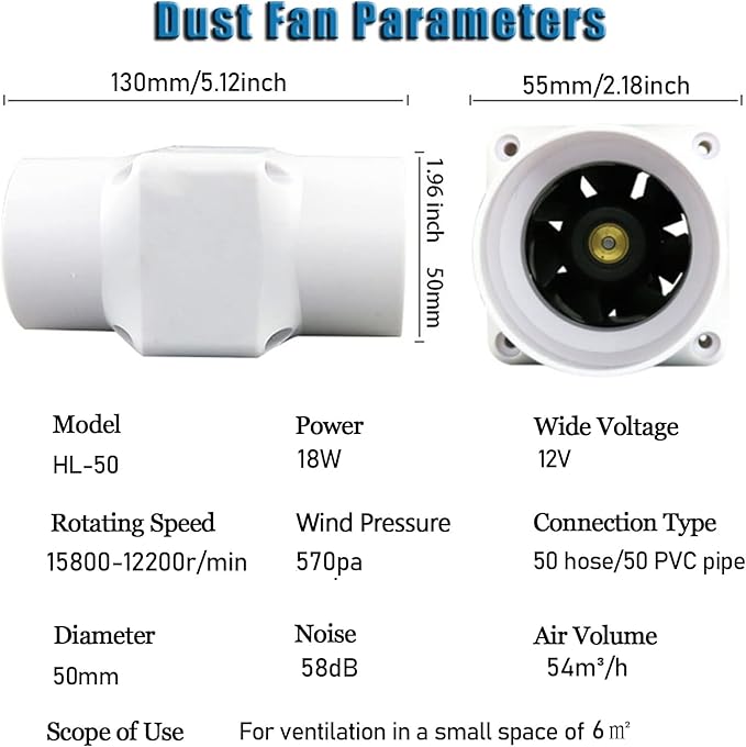 Air Circulation Duct Fan 2 Inch 50Mm Inline Extractor 32Cfm Fan Air Diffuser