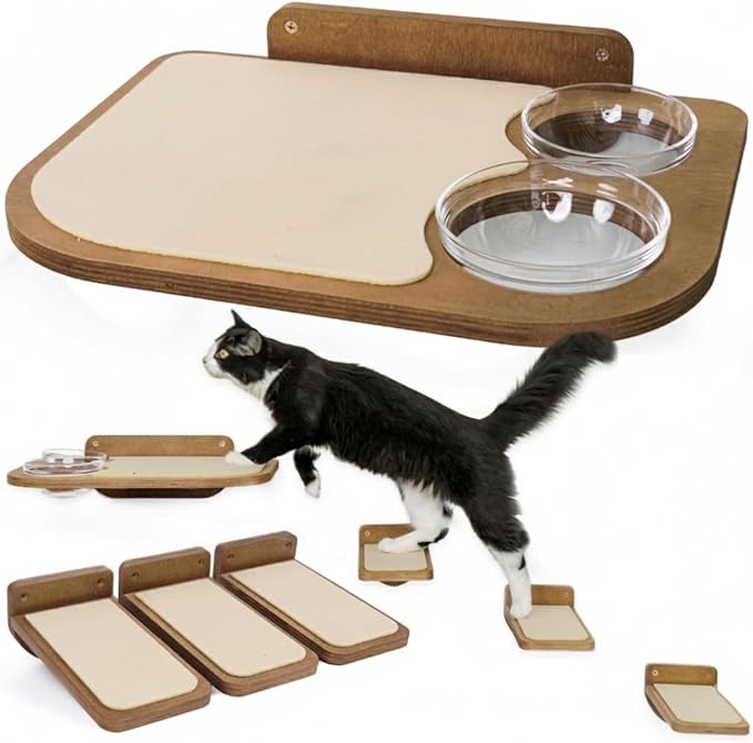 INICIO Cat Shelves – Dog Proof Feeding Station with Wall Mounted Shelves, 3 Steps for wall with Floating Shelf for Cats Up to 15lbs, Includes Attached Cat Food Bowl for Convenient Feeding – Brown