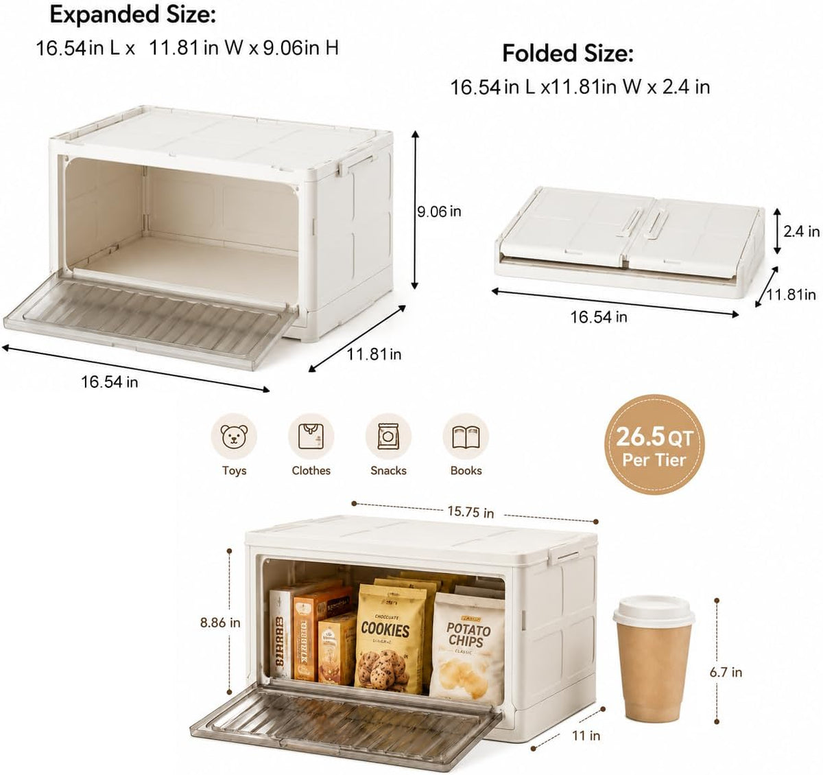 106QT Stackable Storage Bins with Lid, 4-Tier Collapsible Storage Cabinet