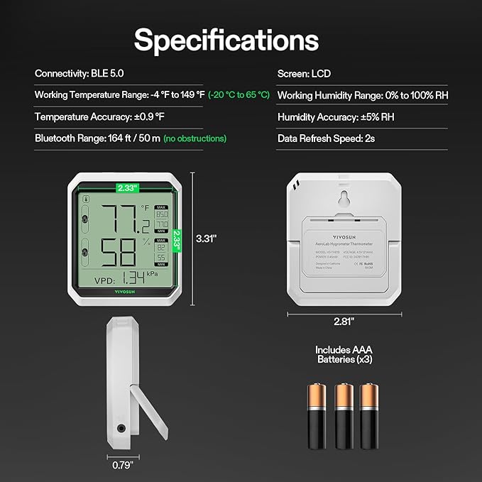 VIVOSUN AeroLab THB1 Wireless Bluetooth Hygrometer Thermometer Indoor, Smart Temperature Monitor, VPD, Digital Humidity Meter, LCD Remote Control & Alert, Data Storage, Dual Channels, Battery Included