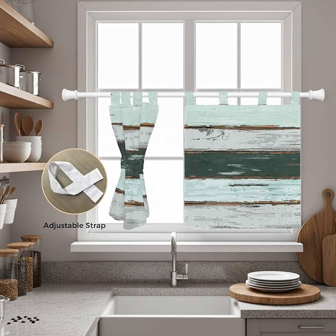 Blue Teal Kitchen Curtains 24 Inch Length, Small Window Curtains Tab Top