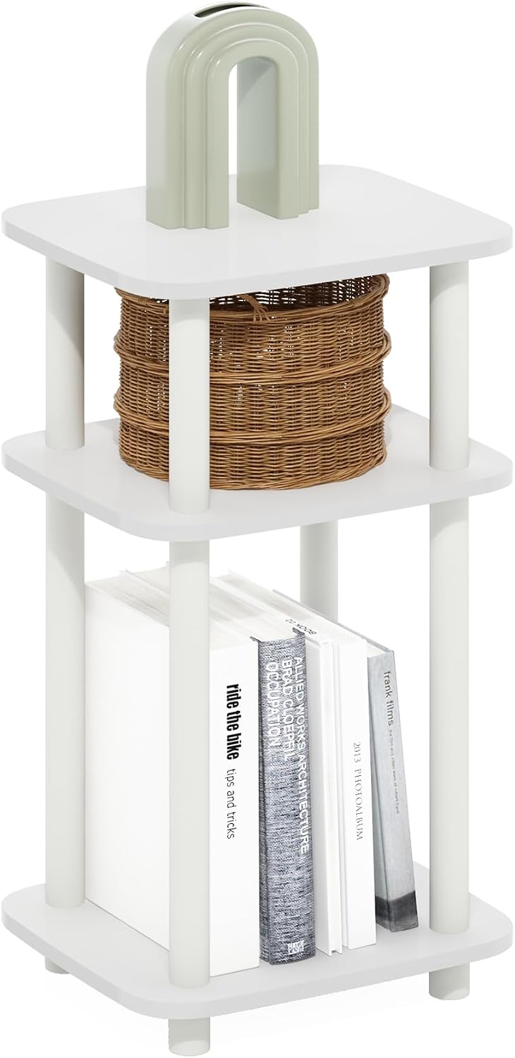 Furinno JUST 3-Tier Telephone Table, Turn-N-Tube Toolless Side Table with Open Shelf, Round Curve Corner Night Stand, Bedside Table, for Living Room, Bedroom, White