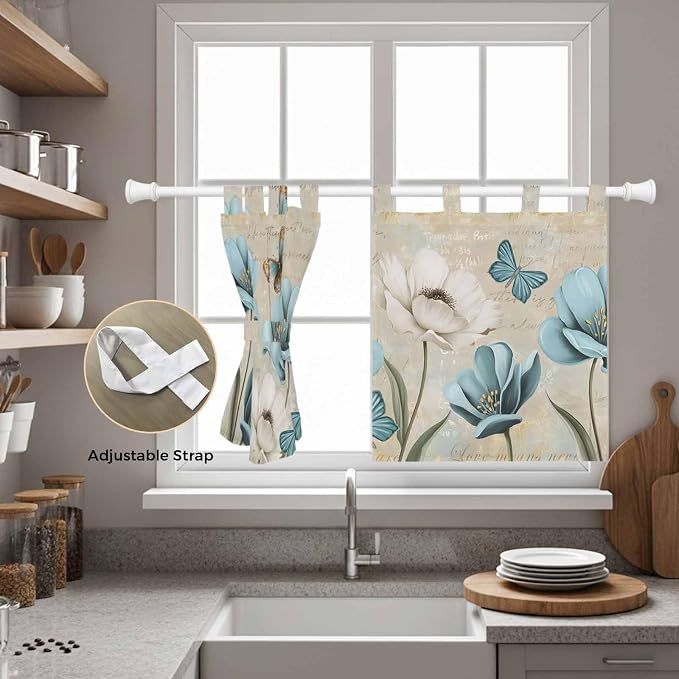 Spring Flowers Kitchen Curtains 24 Inch Length, Small Window Curtains Tab Top