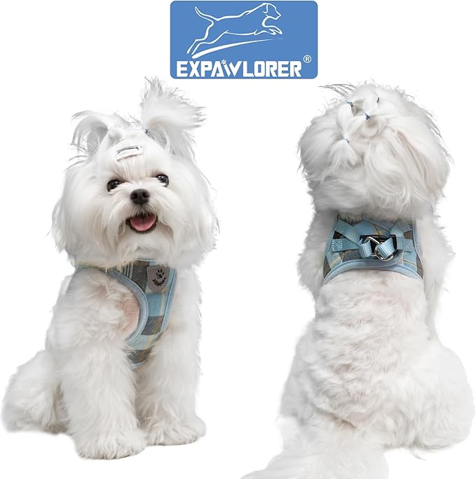 EXPAWLORER Classic Plaid Puppy Harness - Small Dog Harness and Leash Set - Dog Collar and Leash Set with AirTag Holder, Soft Padded Step in Dog Vest Harness No Pull Reflective for Outdoor, Blue M