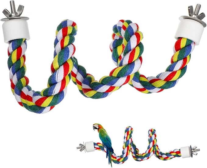 Bird Rope Perch 24 Inch, Colorful Cotton Parrot Bungee Swing, Bendable Cage Climbing Toy & Stand Accessories for Parakeets, Cockatiels, Conures, Lovebirds