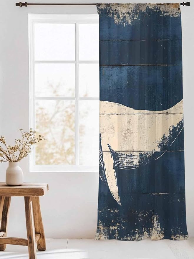 Sheer Curtains 108 Inches Long, Ocean Whale Blue Semi Sheer Curtains Light