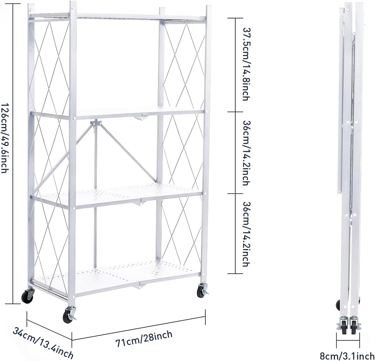 BRIAN & DANY 4-Tier Foldable Storage Shelves with Wheels, Folding Metal Rack Shelving Unit, Heavy Duty No Assembly Organizer Shelf for Garage, Kitchen, Pantry, White