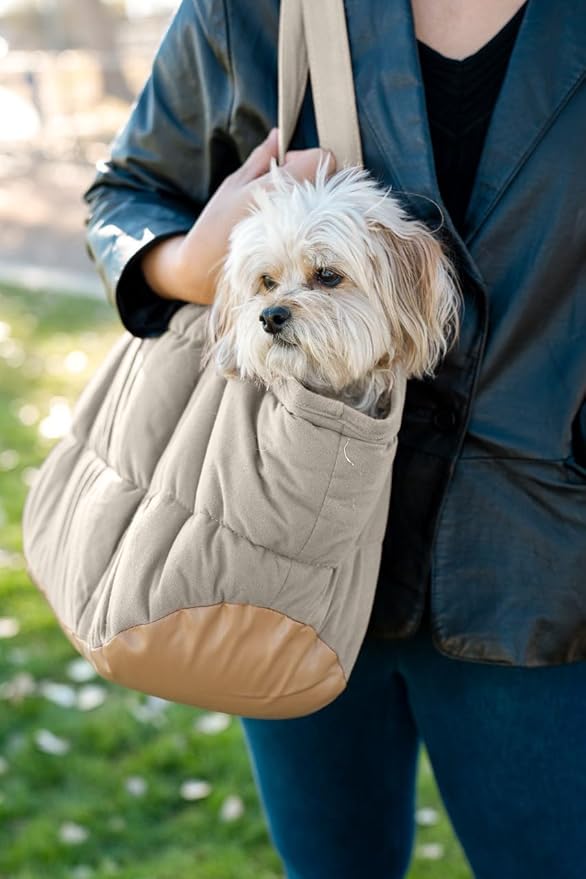 Plush Dog Purse Carrier for Small Dogs, Soft Dog Tote Bag with Safety Harness Clip, Cozy Pet Carrier for Dogs Under 15 lbs, Comfortable Dog Shoulder Carrier for Travel, White