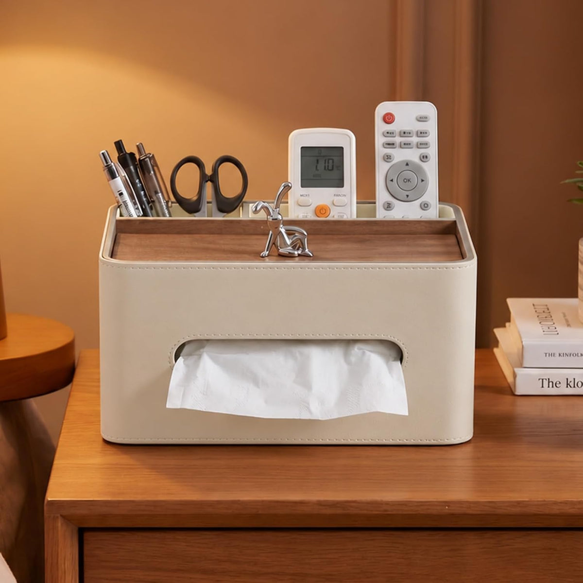 PU Leather Rectangle Tissue Box Cover with Storage Organizer, White