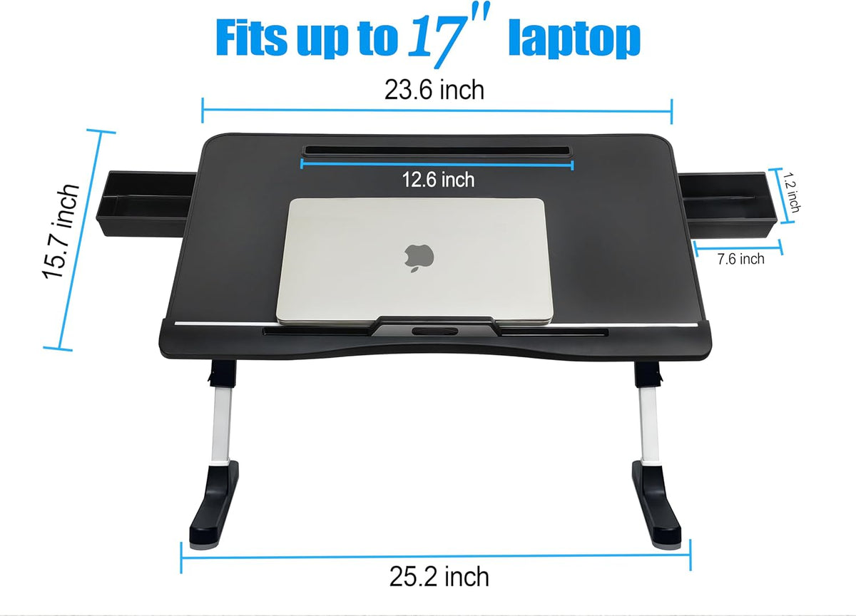 Bed Desk for Laptop, Adjustable Lap Desk with 2 Storage Drawers, Premium PVC Leather, Foldable Laptop Table for Eating, Working, Writing and Drawing