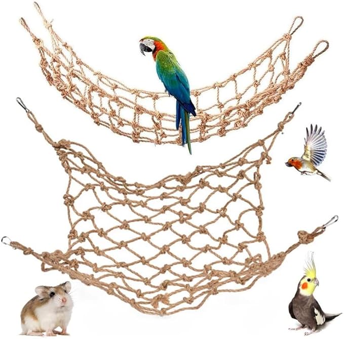 2 Packs Natural Bird Rope Net Parrot Swing Hammock for Birds Parrot Ladder Macaw Hanging Hammock Activity Toy for Rats Parakeet Cockatiel Cockatoo Conure African Grey Budgie（L 20 * 16inch）