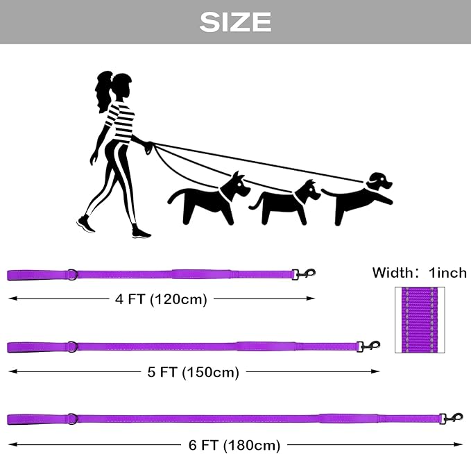 Joytale Dog Leash Heavy Duty for Large Dogs that Pull, Double Handle for Traffic Control, Double-Sided Reflective Leashes for Large Medium Dogs Night Safety, 5FT, Purple