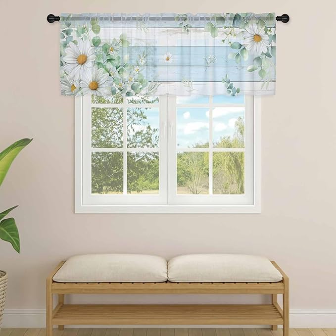Daisy Eucalyptus Leaves Sheer Valance Curtains