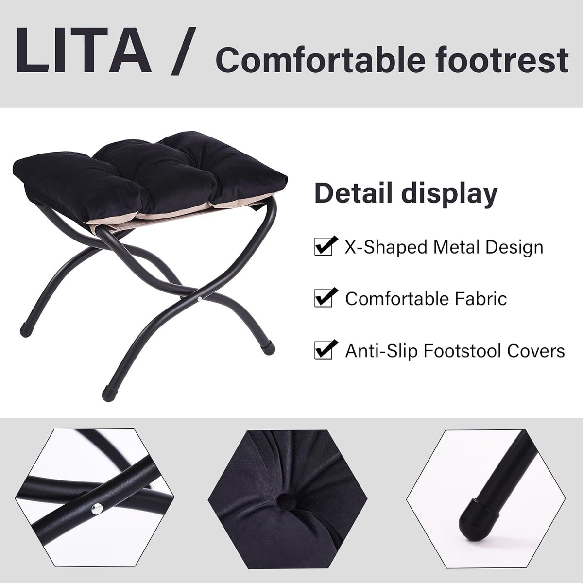 LITA Folding Ottoman, Foldable Footrest Stool, Portable Small Foot Stool for Couch, Collapsible Foot Rest Ottoman for Sofa, Accent Padded Ottomans for Lazy Chair, Living Room, Bedroom