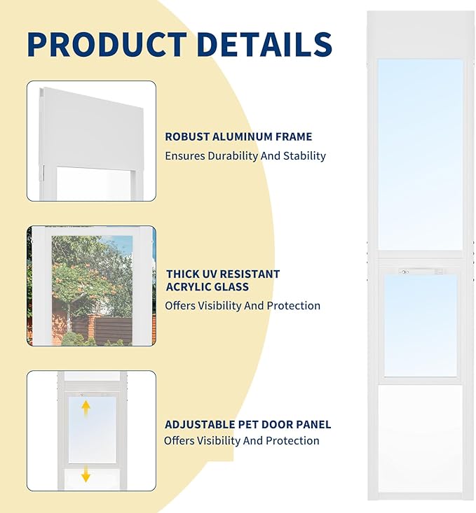 Docred Dog Door for Sliding Glass Door, 74 13/16" to 80 11/16" Adjustable Height Doggy Door for Sliding Doors, Pet Door Insert with Lock for Medium-Sized Dogs,White