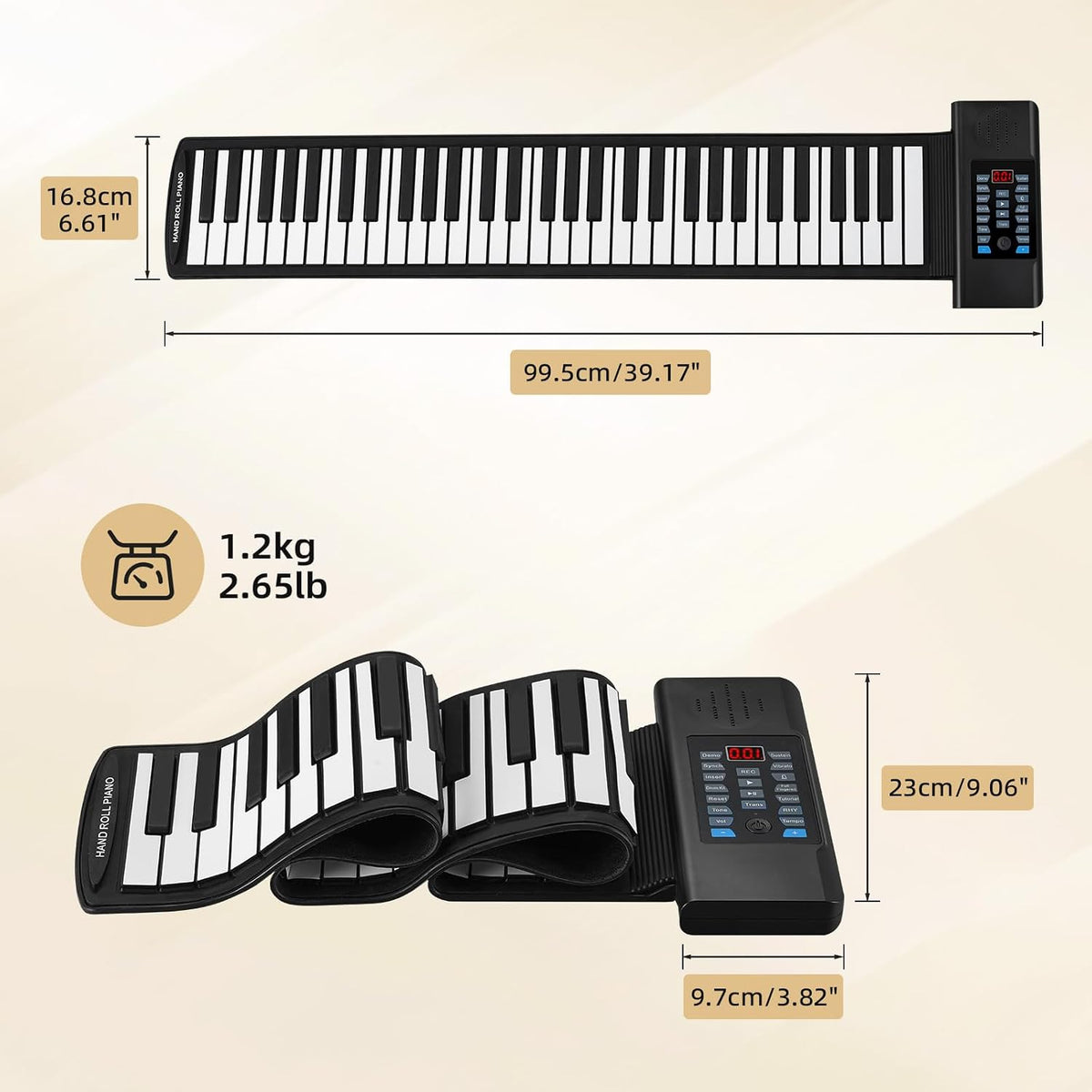 POGOLAB 61 Keys Roll Up Keyboard Piano, Portable Electric Foldable Piano with LED Display, Rechargeable & USB-MIDI Output, Built-in 15 Demos, 128 Tones, 128 Rhythms, Music Gift for Beginners