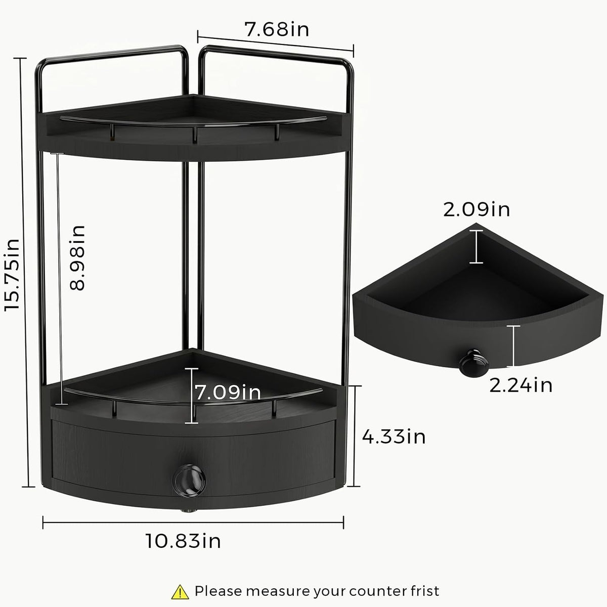 2-Tier Corner Bathroom Counter Organizer with Drawer, Black