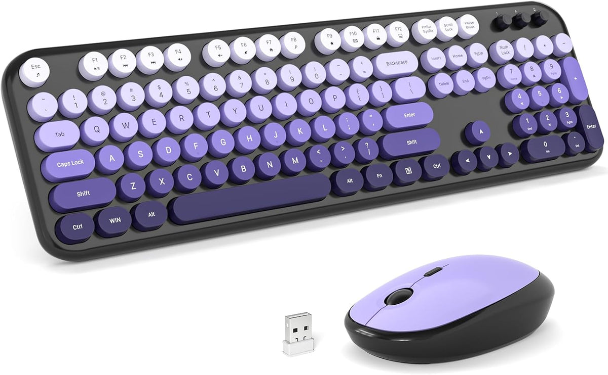 Wireless Keyboard Mouse Combo - Lovely Blackpurple-Gradient Rainbow Full-Sized Typewriter Colorful Keyboards, Round Keycap Plug Play Retro Cute Keyboards for Windows, Laptop, PC, Desktop, Computer