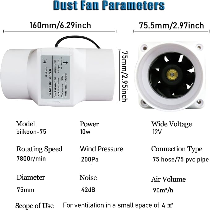 3Inch Inline Duct Fan 10W Air Extractor Booster 12V Air Diffuser Circulation
