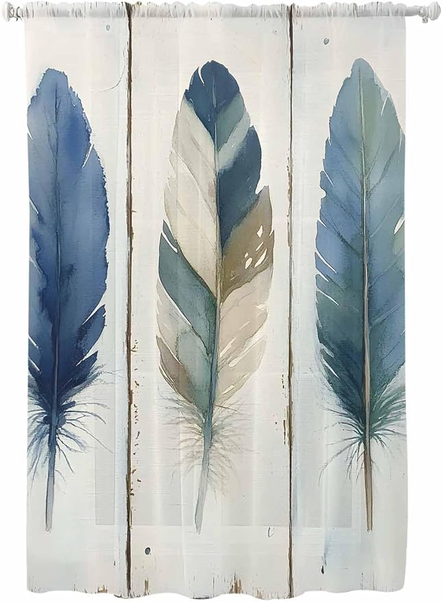 Sheer Curtains 63 Inch Length, Boho Blue Feathers Semi Sheer Curtains Light