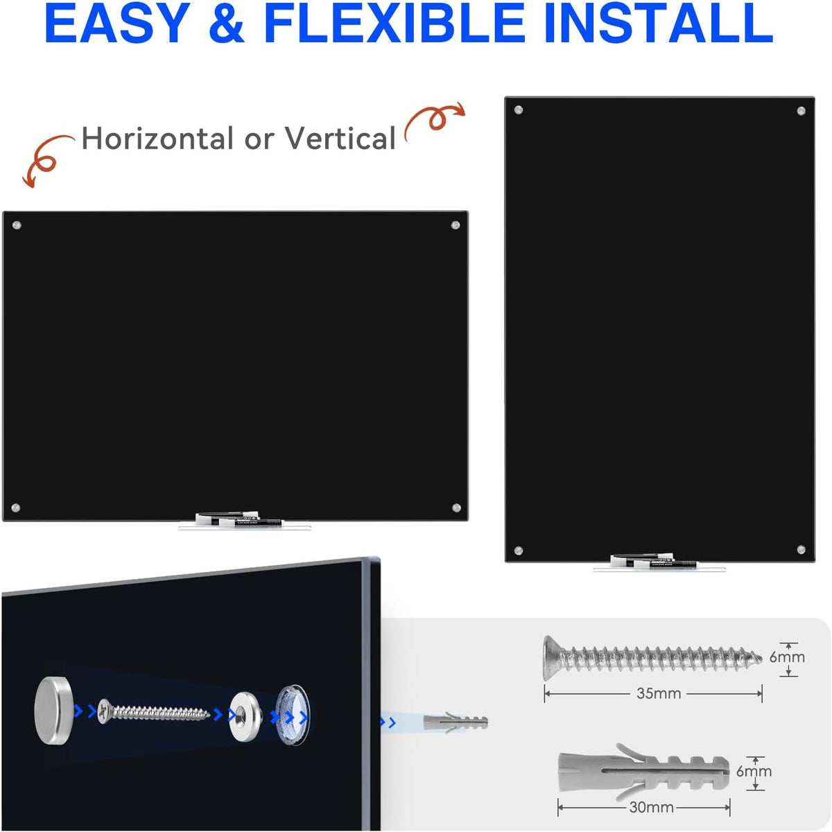 Maxtek Black Magnetic Glass Whiteboard 72 x 48in, Frameless Dry Erase Board