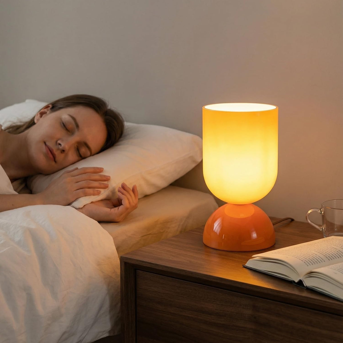 8.9" Dimmable Modern Glass Table Lamp with Dome Base, Glossy Orange