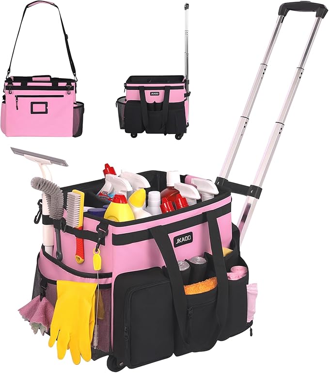 Large Rolling Cleaning Caddy Bag with Detachable Trolley, Waterproof Cleaning Caddy on Wheels for Housekeepers, Cleaning Cart Supplies Organizer for Home,Car,Office,Picnic (Pink) (in Patent)