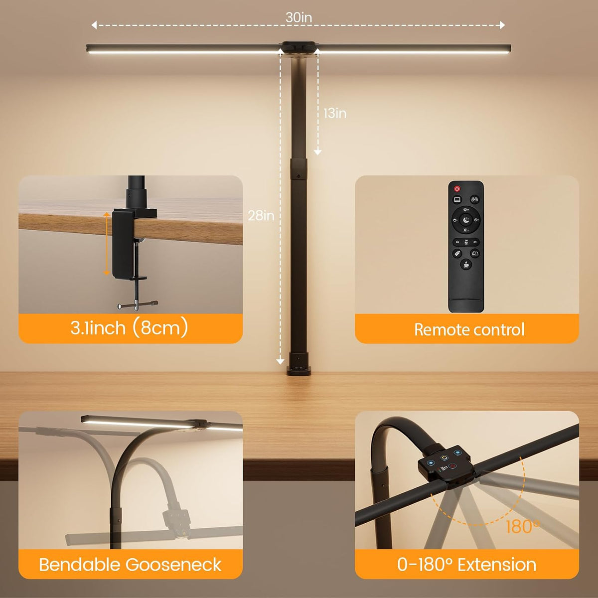 LED Desk Lamp for Home Office, 24W Computer Desk Light with Remote Control, Bright Table Lamp with Clamp Dimmable Tall Desktop Lighting with Bendable Gooseneck, Double Head, Black